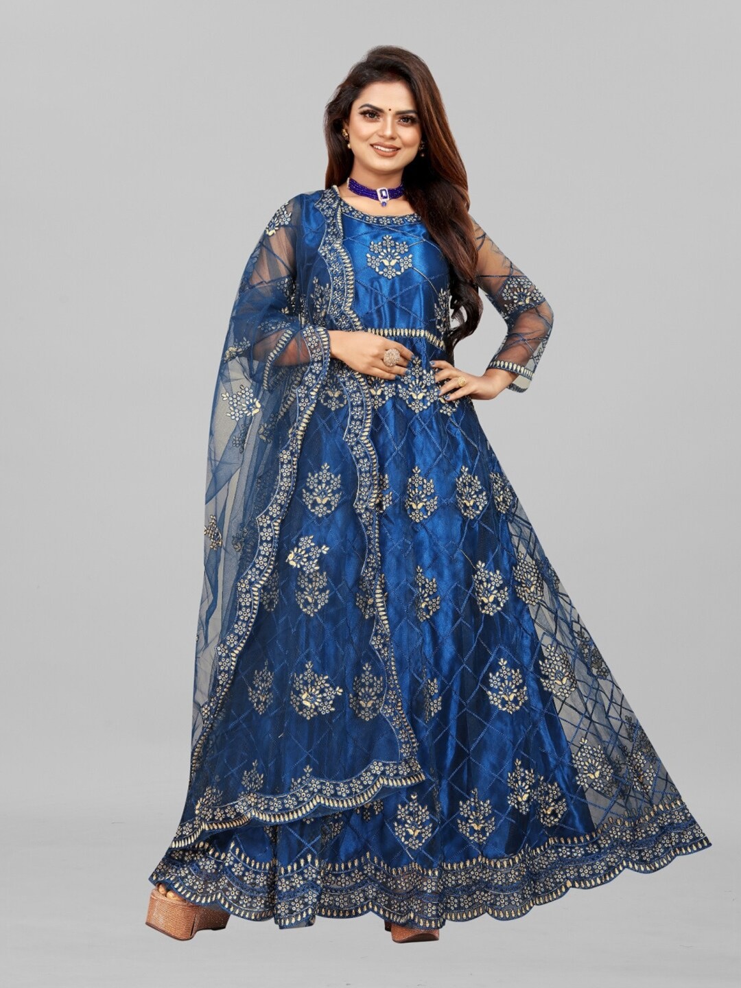 

APNISHA Teal Embroidered Semi-Stitched Dress Material
