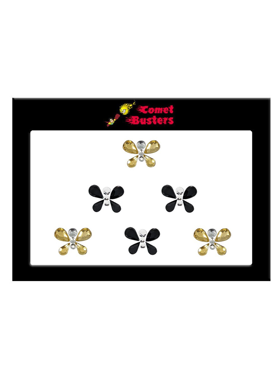 

Comet Busters 6 Pcs Embellished Reusable Butterfly-Shaped Bindis - Black & Gold-Toned
