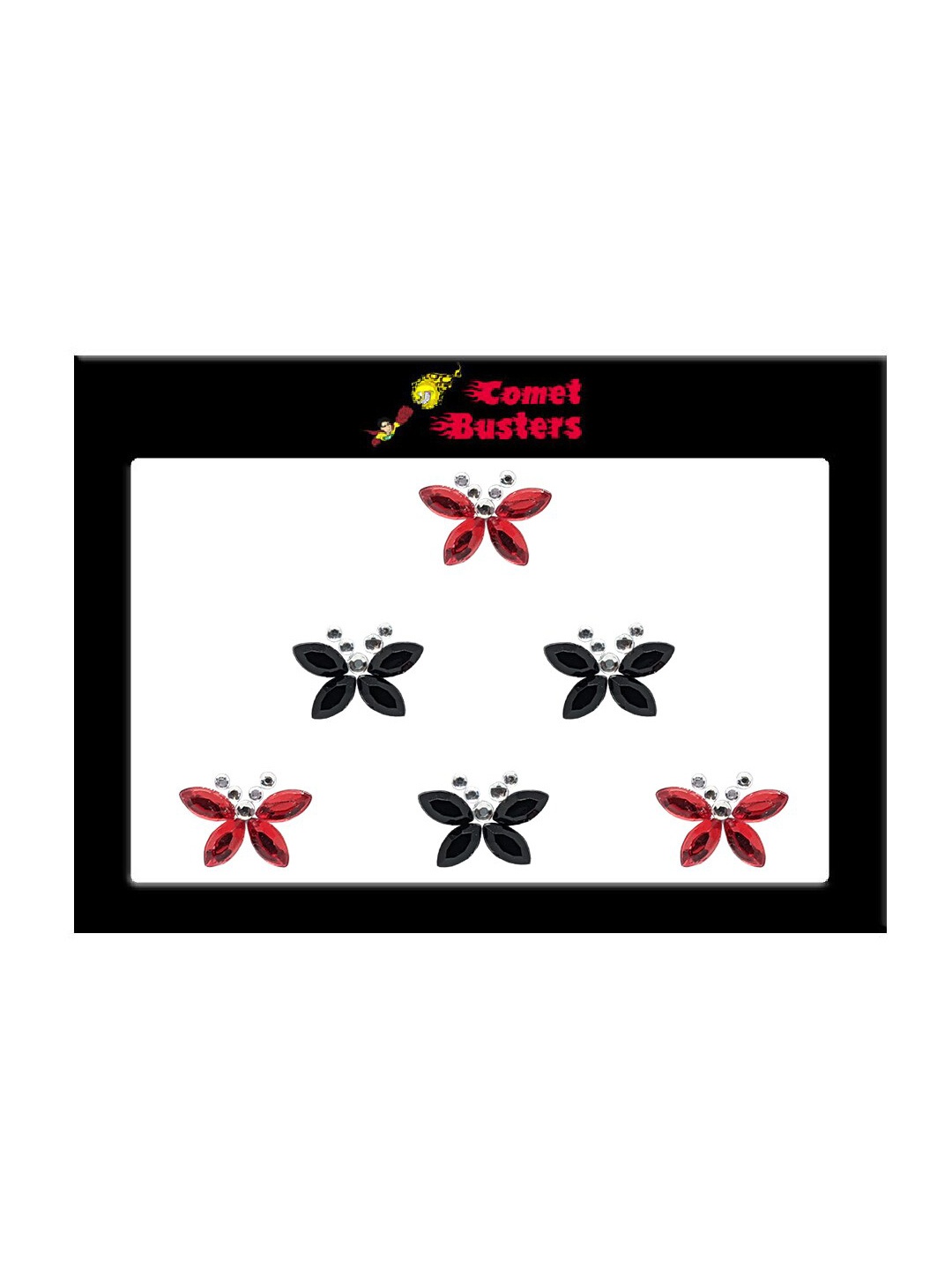 

Comet Busters 6 Pcs Embellished Reusable Butterfly-Shaped Bindis - Black & Red