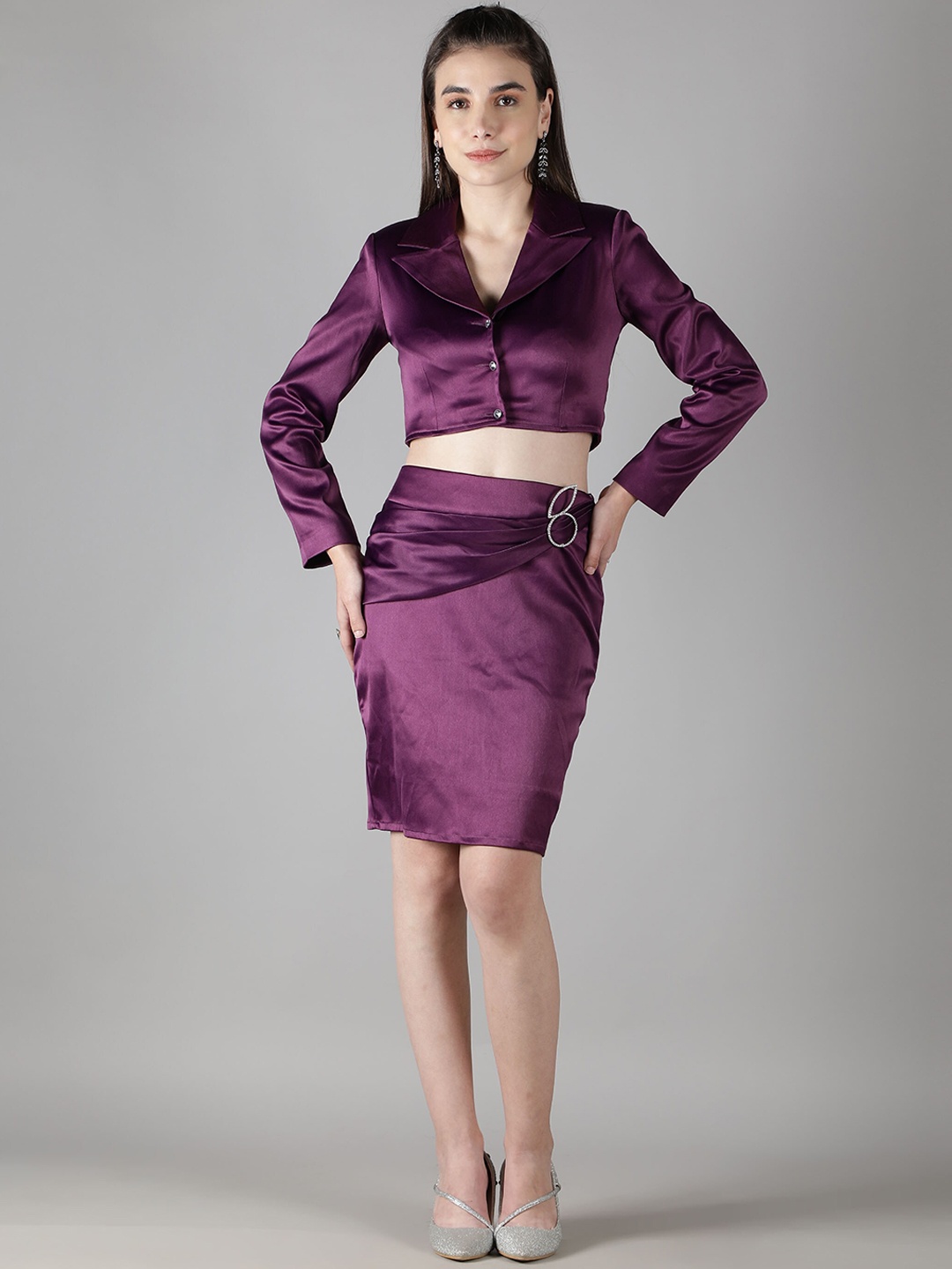 

SHABERRY Women Purple Solid Shirt and Skirt Co-Ords