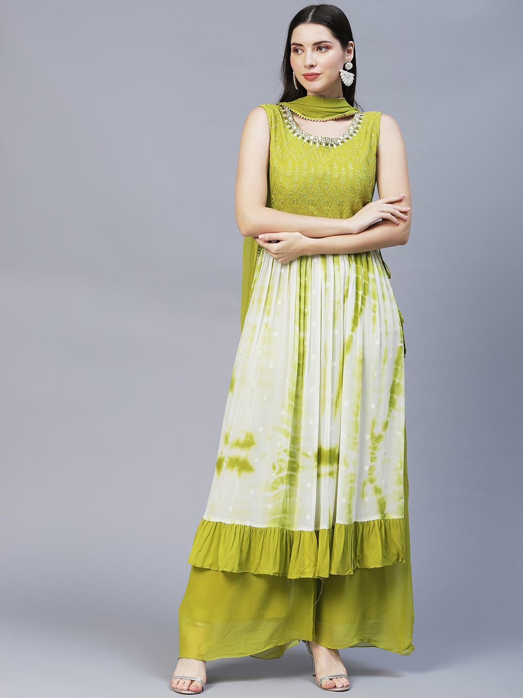

FASHOR Women Green Ethnic Motifs Dyed Pleated Mirror Work Kurta with Palazzos & With Dupatta