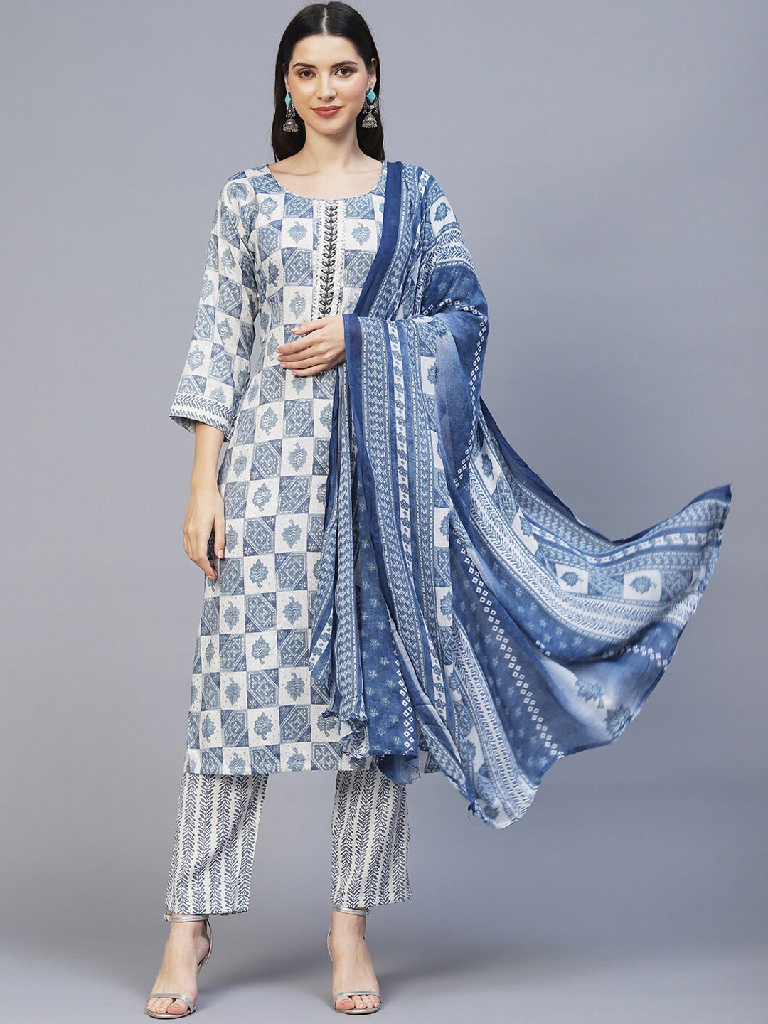 

FASHOR Women Blue Ethnic Motifs Printed Beads and Stones Kurta with Trousers & With Dupatta