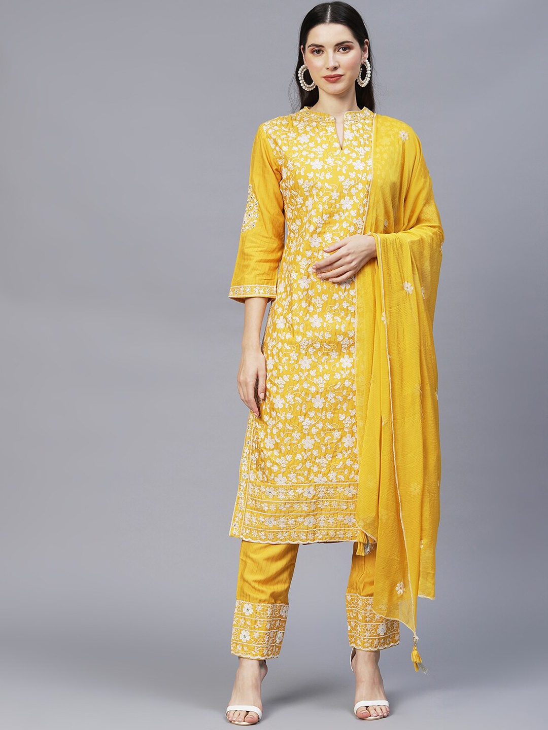 

FASHOR Women Yellow Floral Embroidered Pure Cotton Kurta with Trousers & Dupatta