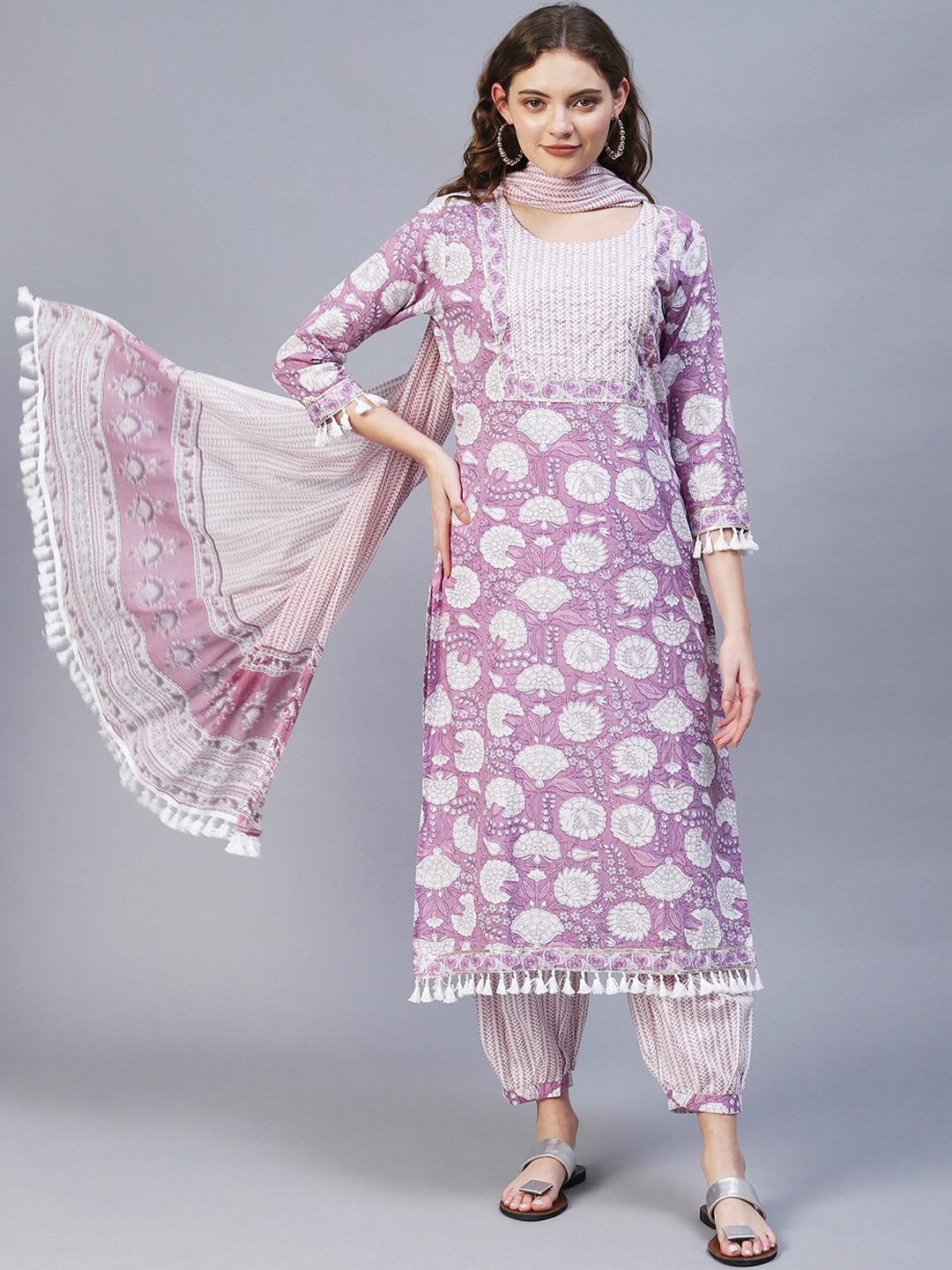 

FASHOR Women Purple Floral Printed Pure Cotton Kurta with Salwar & Dupatta