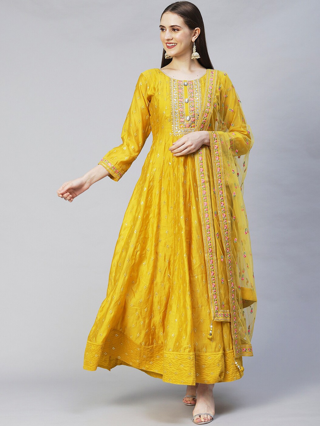 

FASHOR Women Yellow Embroidered Anarkali Kurta With Trousers & With Dupatta