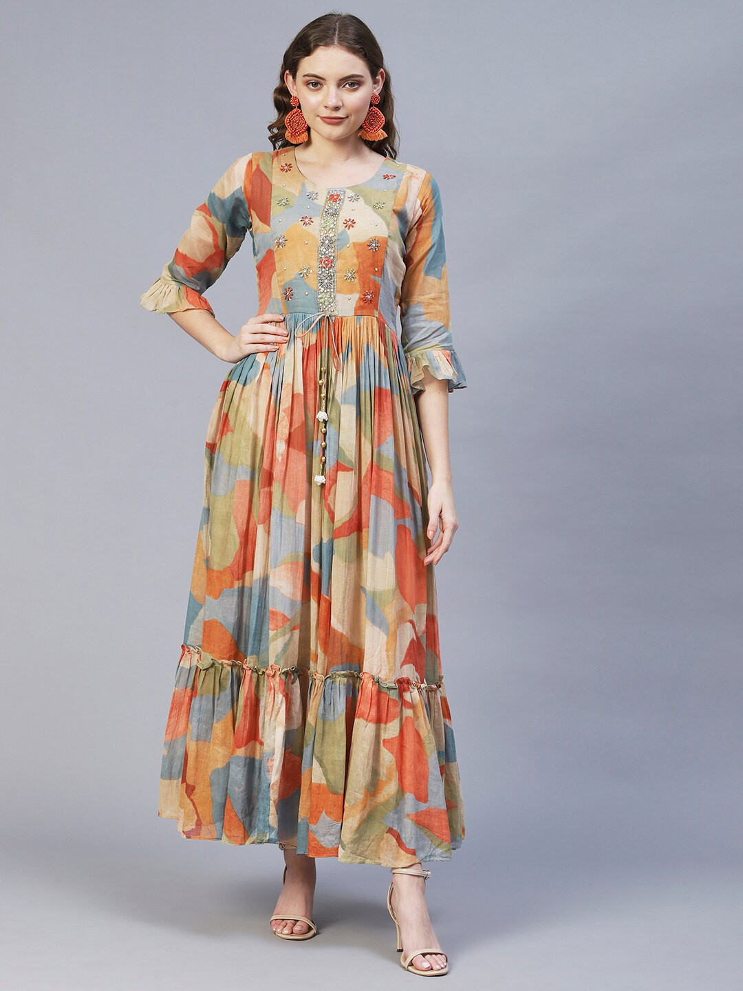 

FASHOR Women Red & Yellow Printed & Embroidered Flared Maxi Dress