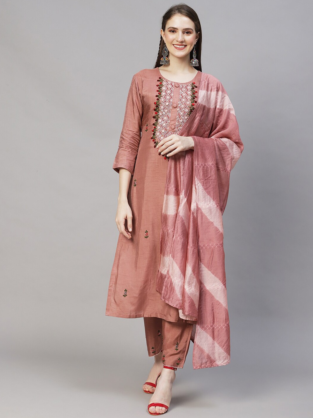 

FASHOR Women Rose Gold Floral Embroidered Thread Work Kurta with Trousers & With Dupatta