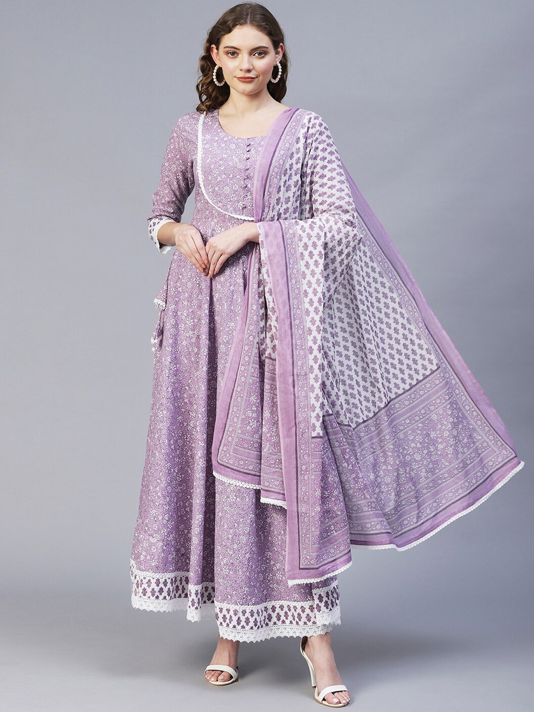 

FASHOR Women Purple Ethnic Motifs Printed Pure Cotton Kurta with Trousers & With Dupatta