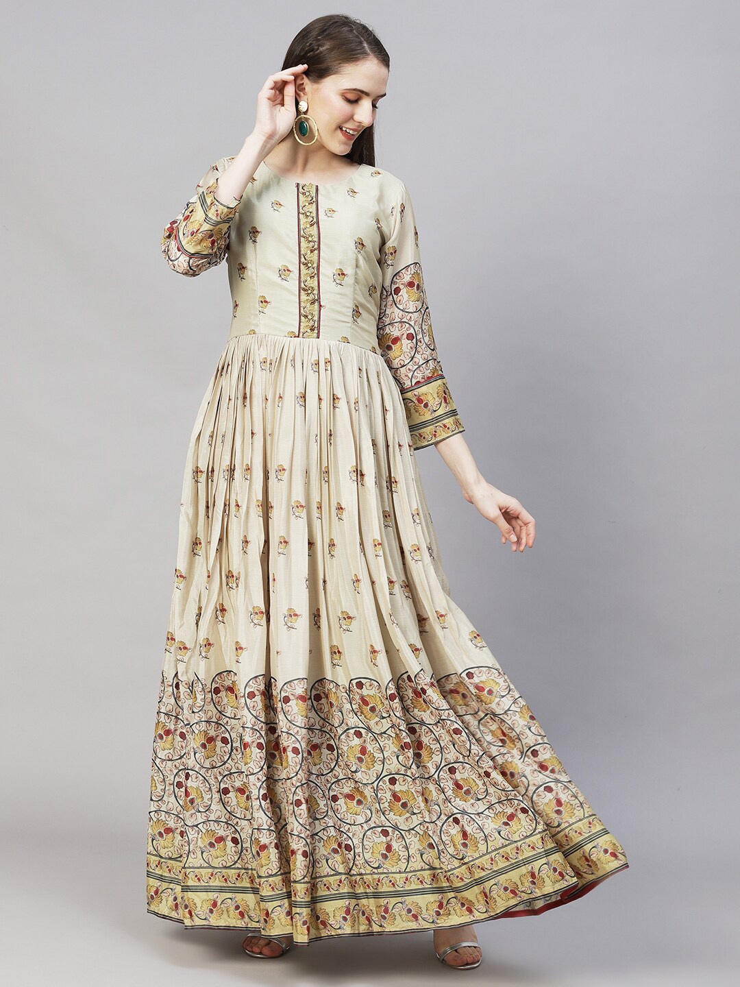 

FASHOR Green Floral Chiffon Maxi Ethnic Dress