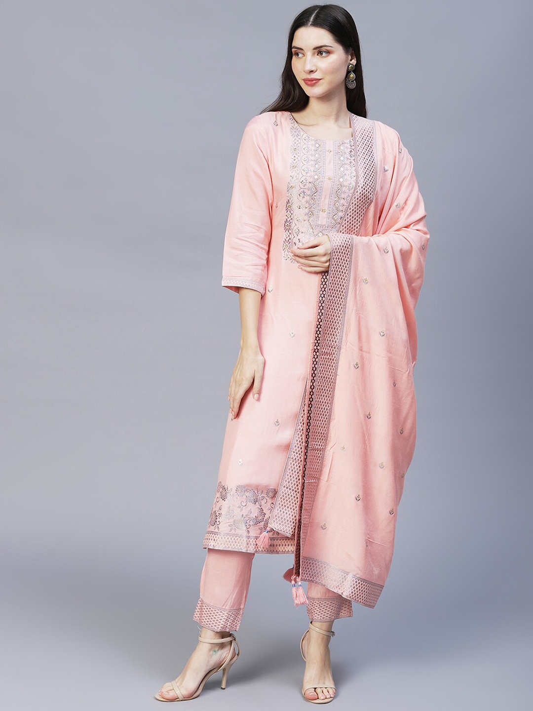 

FASHOR Women Peach-Coloured Yoke Design Sequinned Kurta with Trousers & Dupatta
