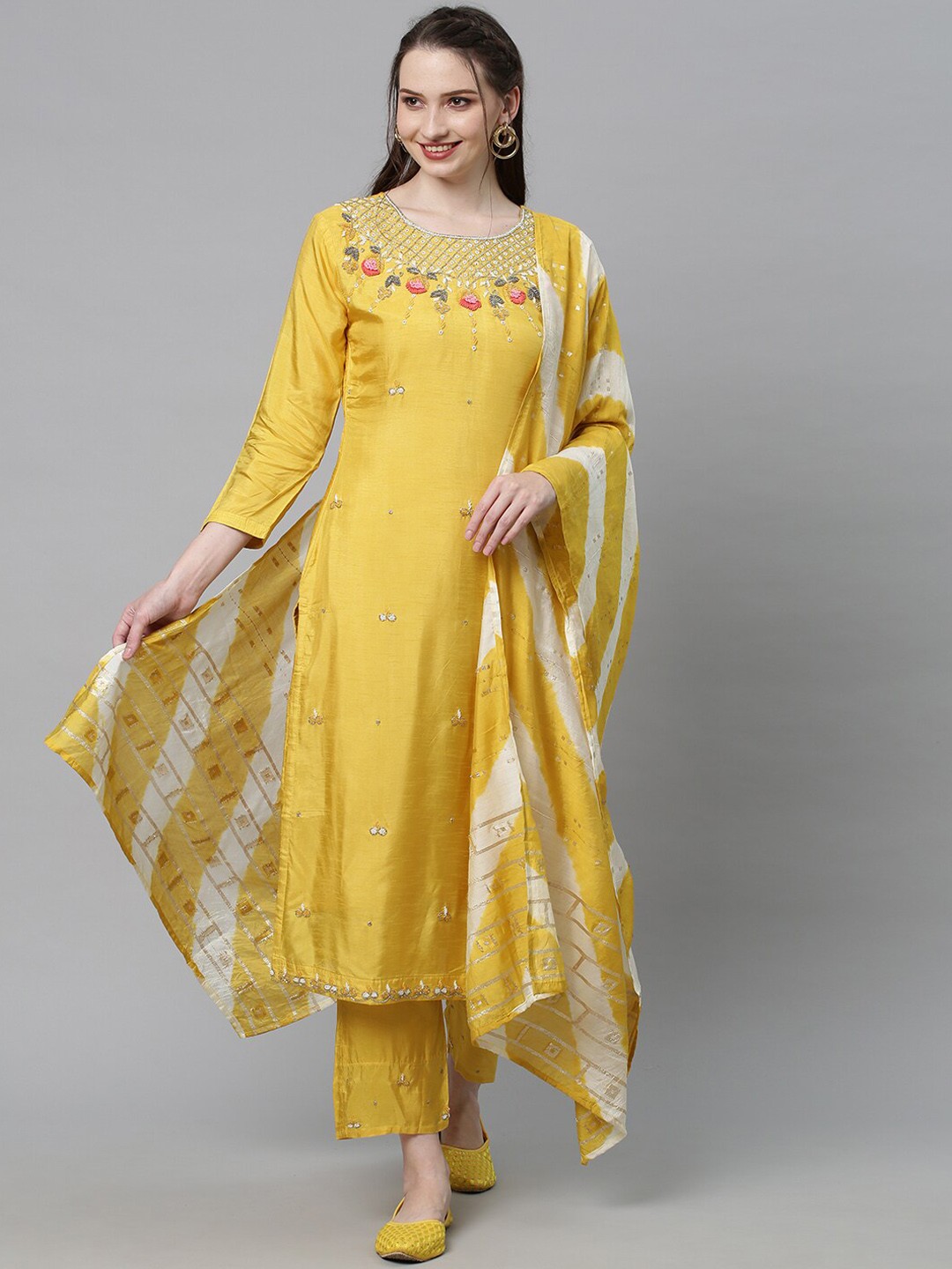 

FASHOR Women Yellow Floral Embroidered Kurta with Trousers & With Dupatta