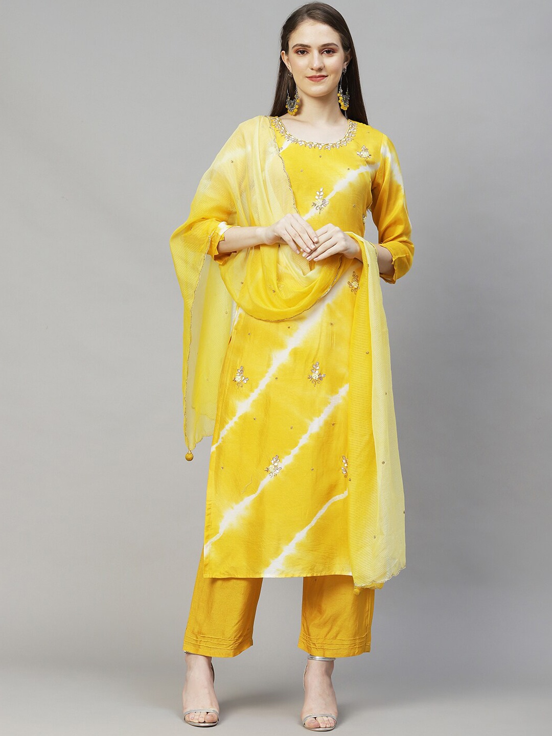 

FASHOR Women Yellow Ethnic Motifs Embroidered Beads and Stones Kurta with Trousers & With Dupatta