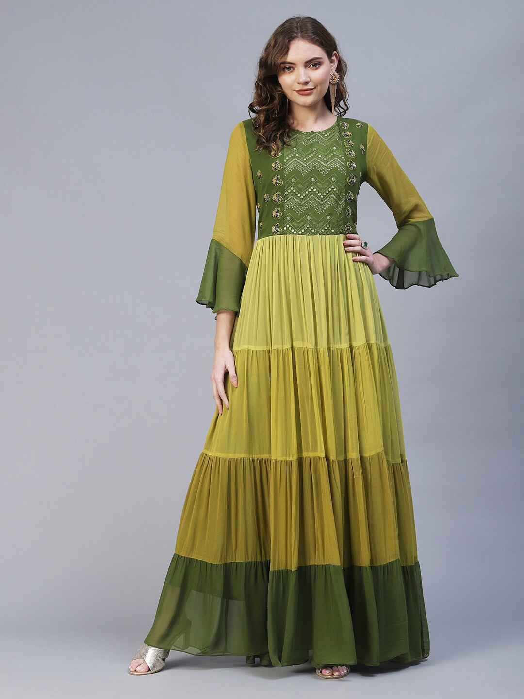 

FASHOR Women Green & Olive Green Georgette Tiered Maxi Dress