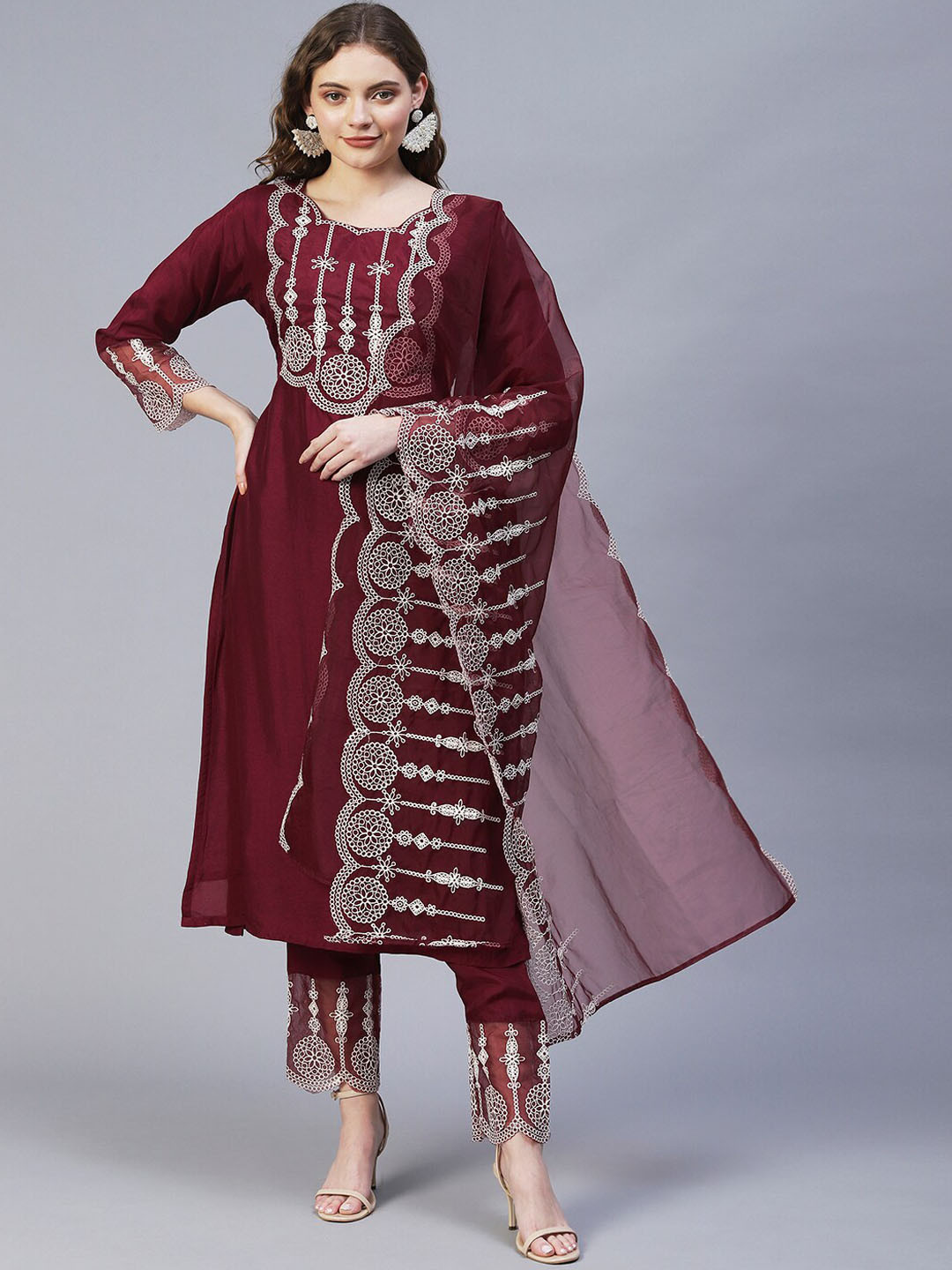 

FASHOR Women Maroon Embroidered Kurta with Trouser & Dupatta