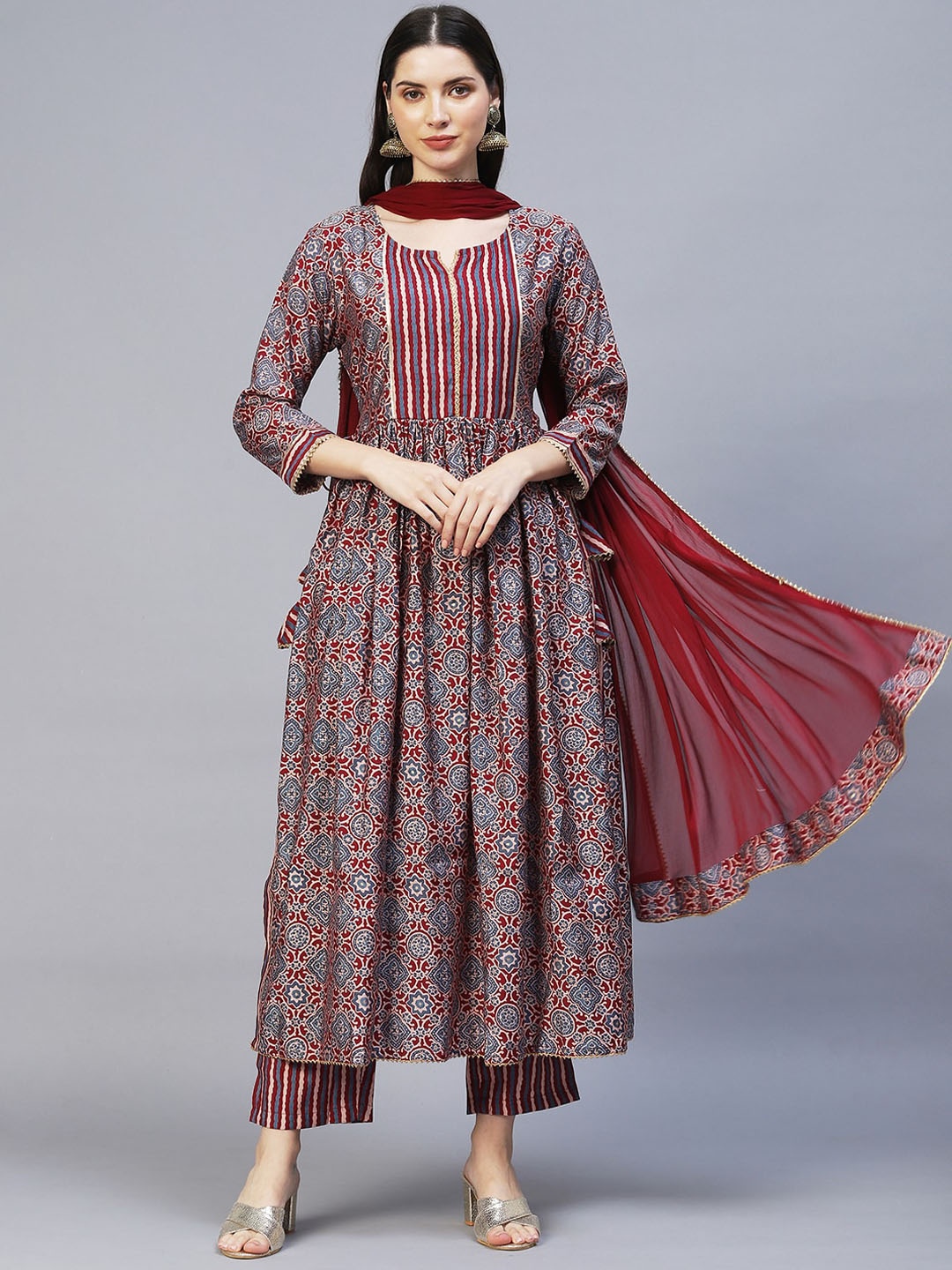 

FASHOR Women Maroon & Grey Printed A-Line Kurta with Trousers & With Dupatta