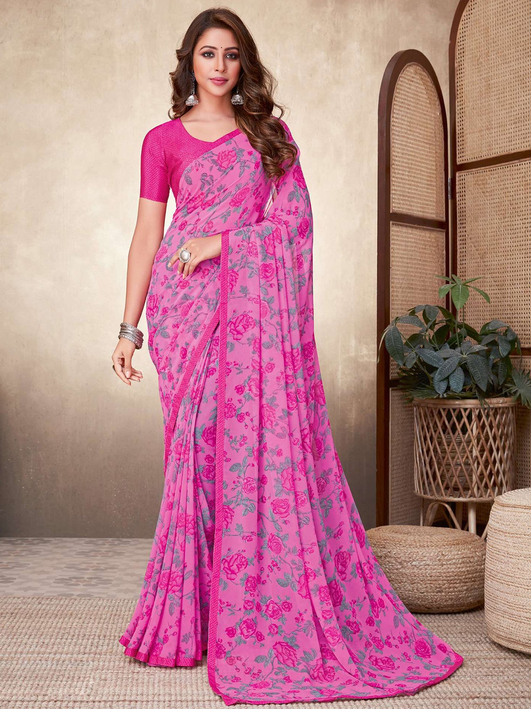 

Satrani Pink & Grey Floral Saree