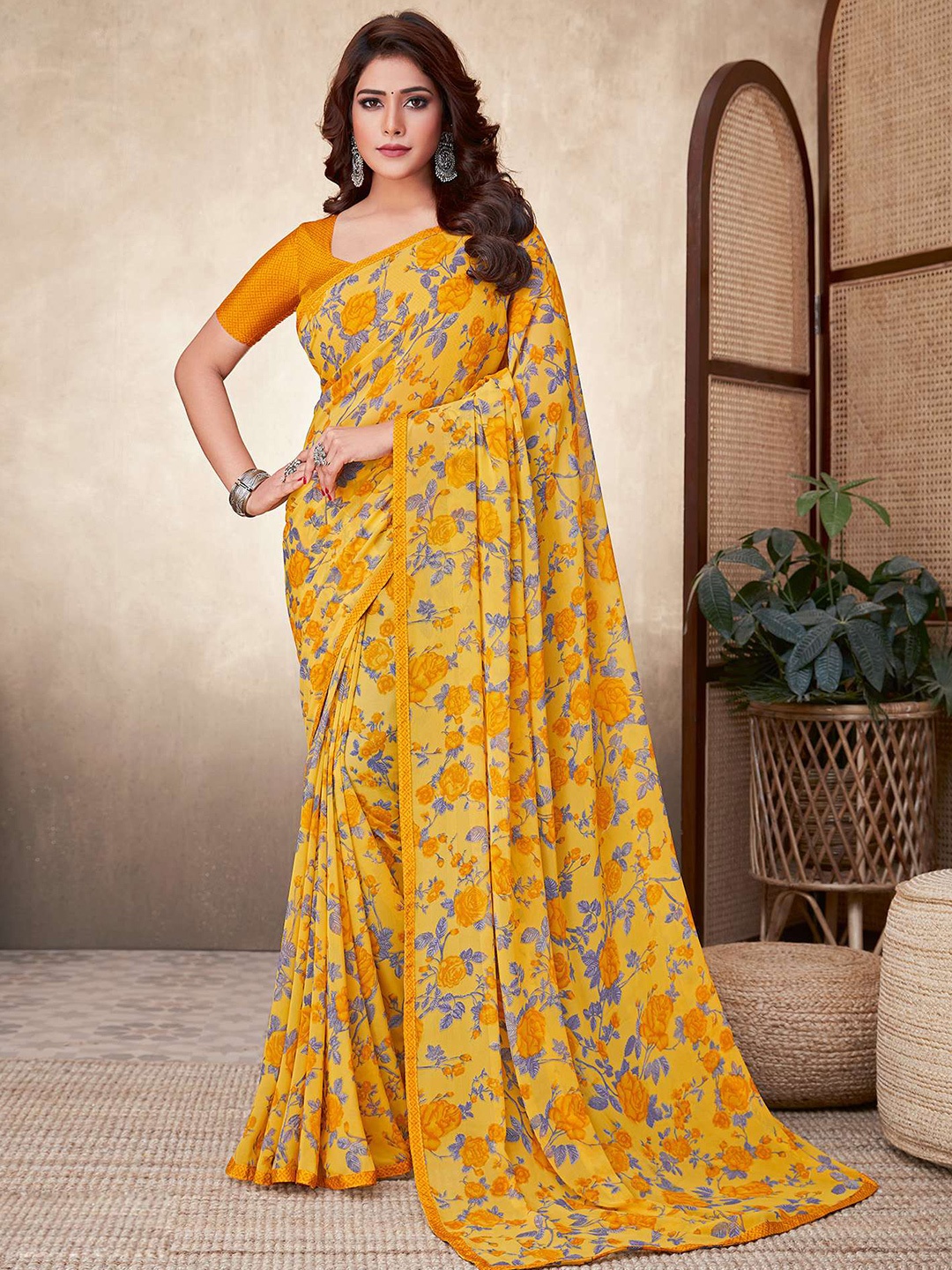 

Satrani Yellow & Blue Floral Printed Saree