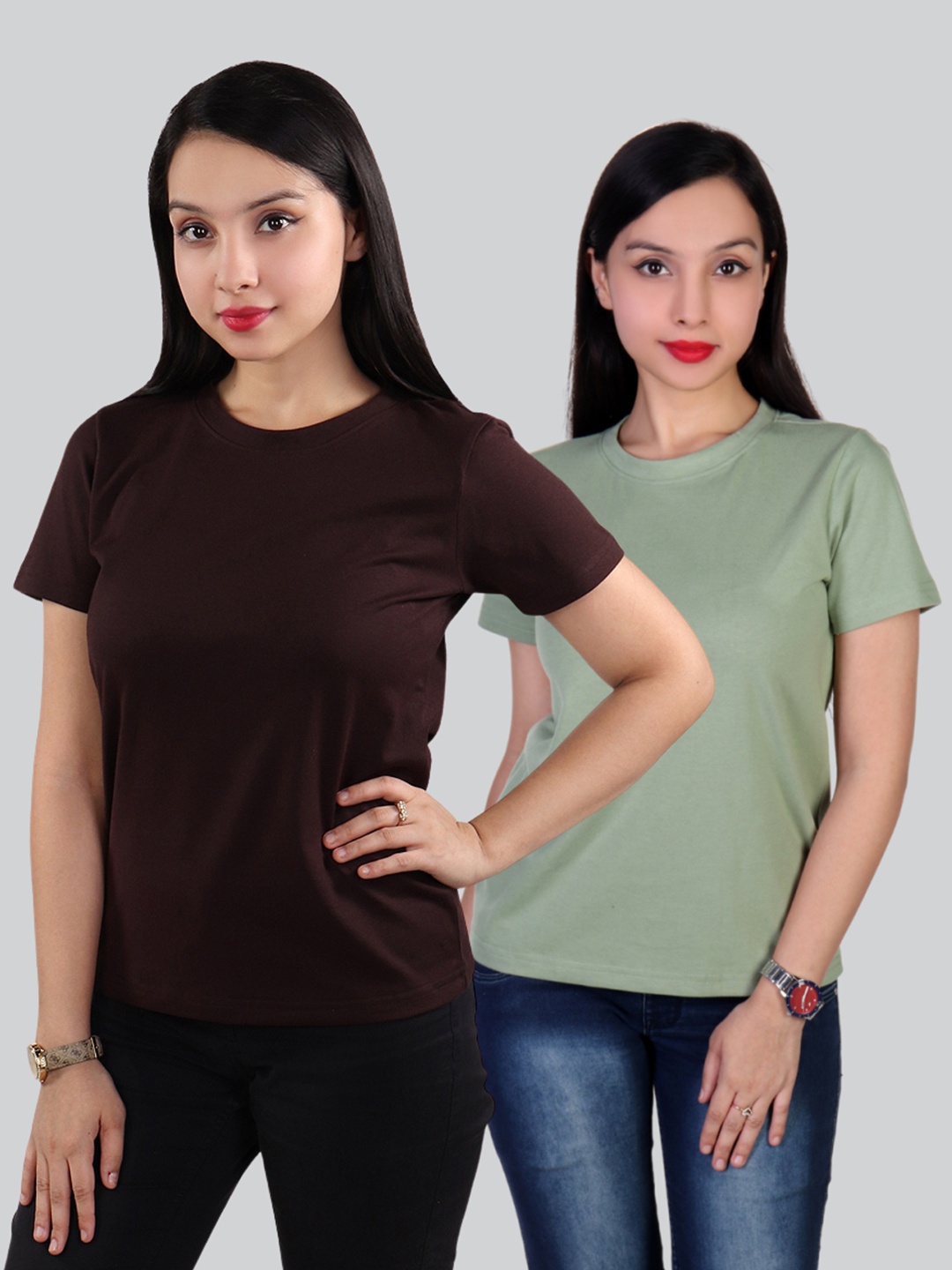 

The Label Bar Women Pack Of 2 Brown & Green Solid Cotton T-shirt