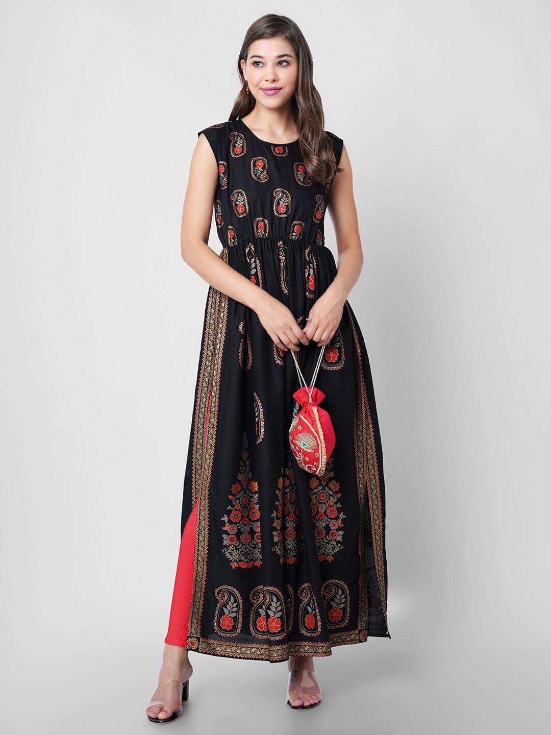 

PURSHOTTAM WALA Women Black Ethnic Motifs Printed Anarkali Kurta