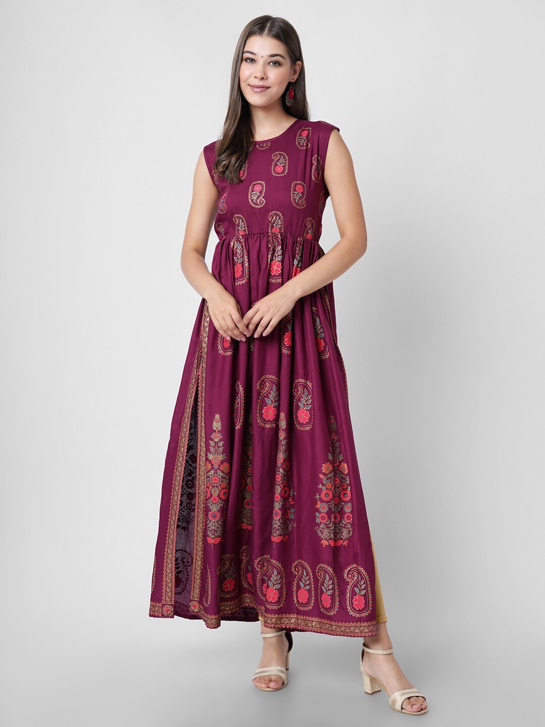 

PURSHOTTAM WALA Women Burgundy Ethnic Motifs Printed Anarkali Kurta