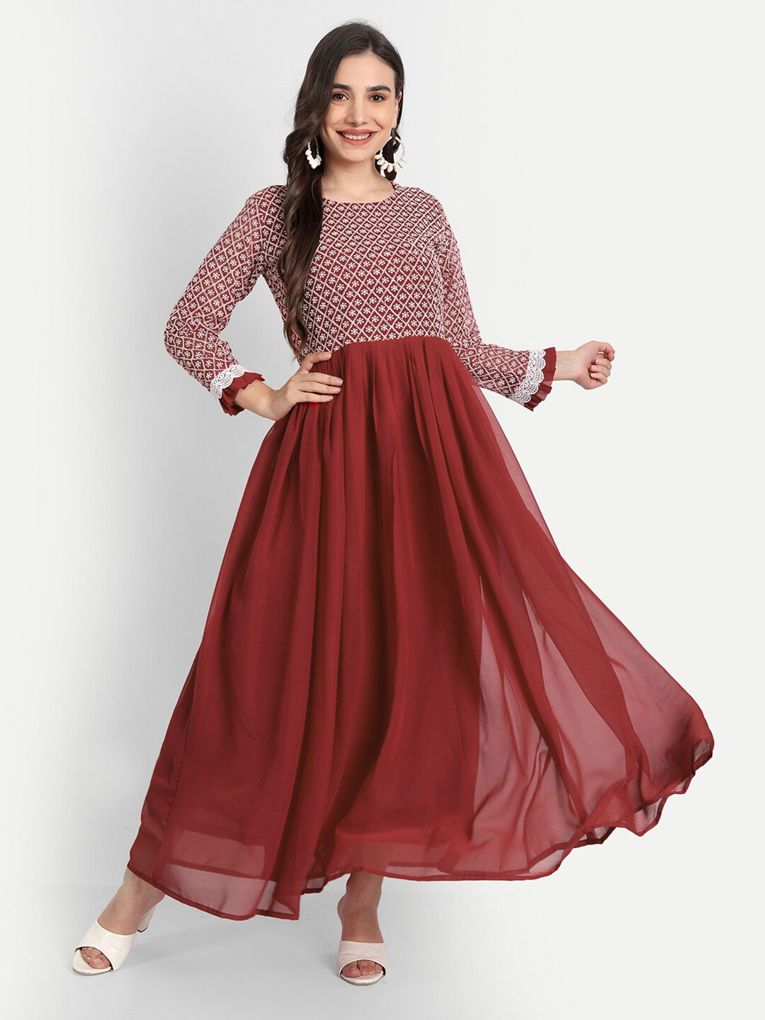 

Leelyfab Women Rust & White Embroidered Semi-Stitched Dress Material