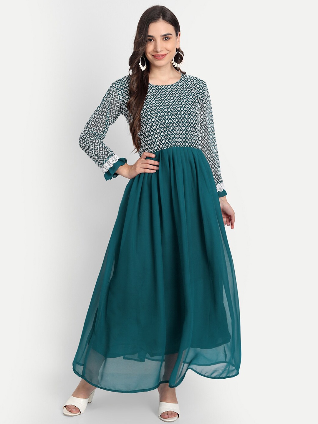 

Leelyfab Women Teal & White Embroidered Semi-Stitched Dress Material