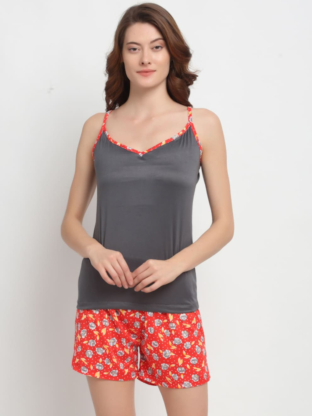 

NEUDIS Women Grey & Red Spaghetti Top and Shorts Night suit N21WTST-8588GYRD_D