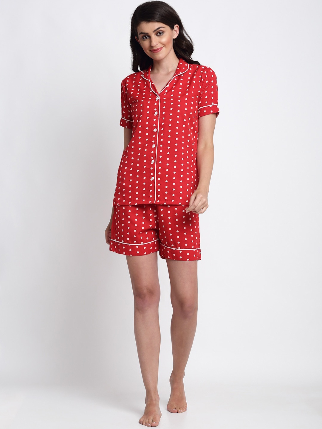 

NEUDIS Women Red & White Polka Dot Printed Shirt and Shorts Night suit N21WNS-2456RD_D