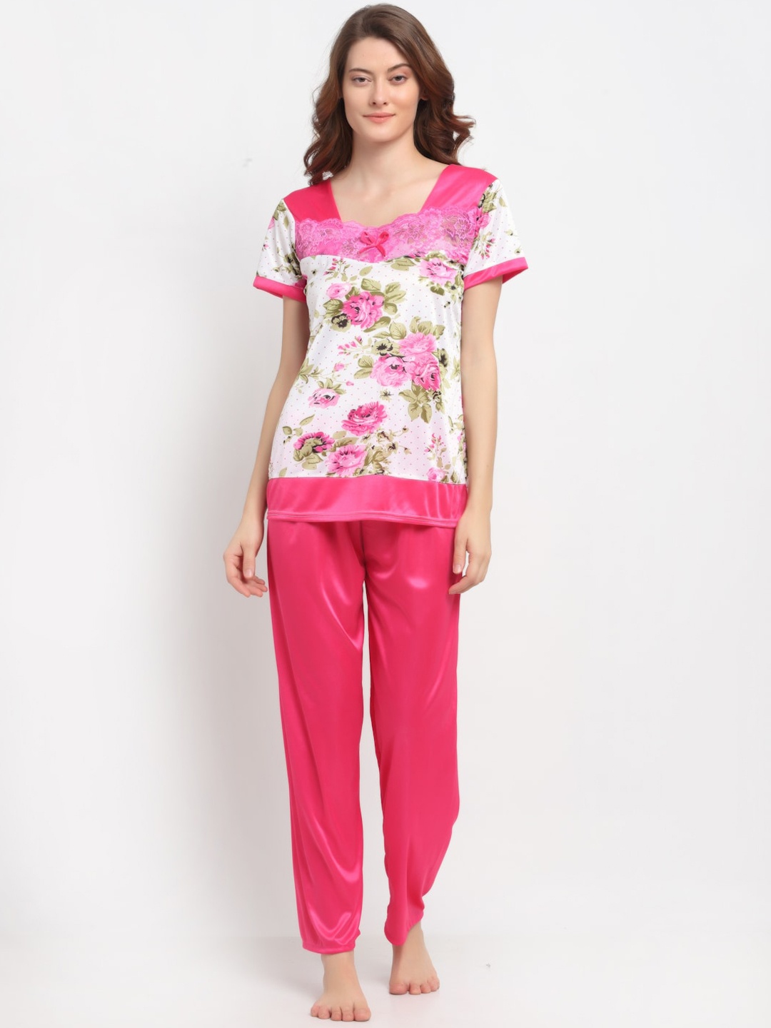 

NEUDIS Women Pink & White Printed Night suit