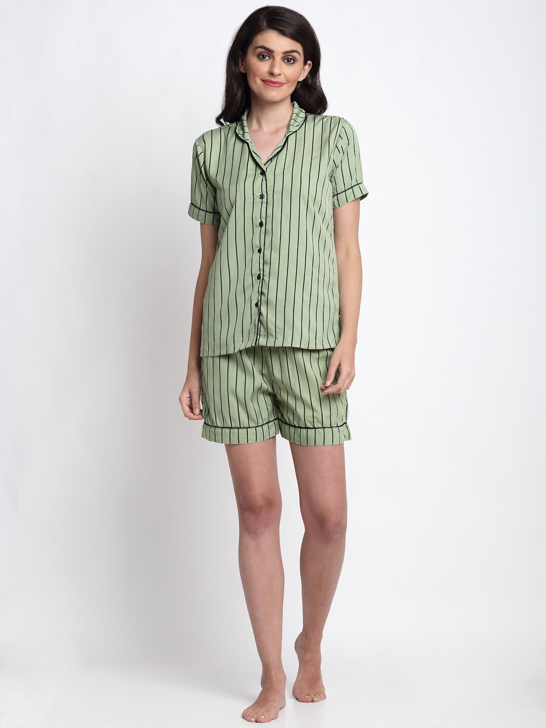 

NEUDIS Women Green & Black Striped Night suit