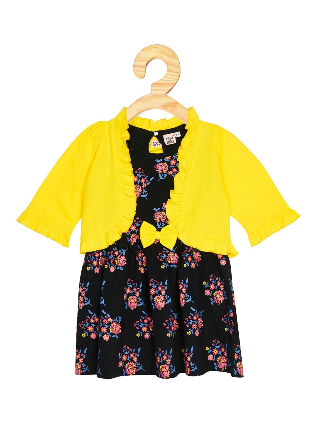 

POMY & JINNY Girls Black Floral A-Line Dress & Yellow Solid Jacket