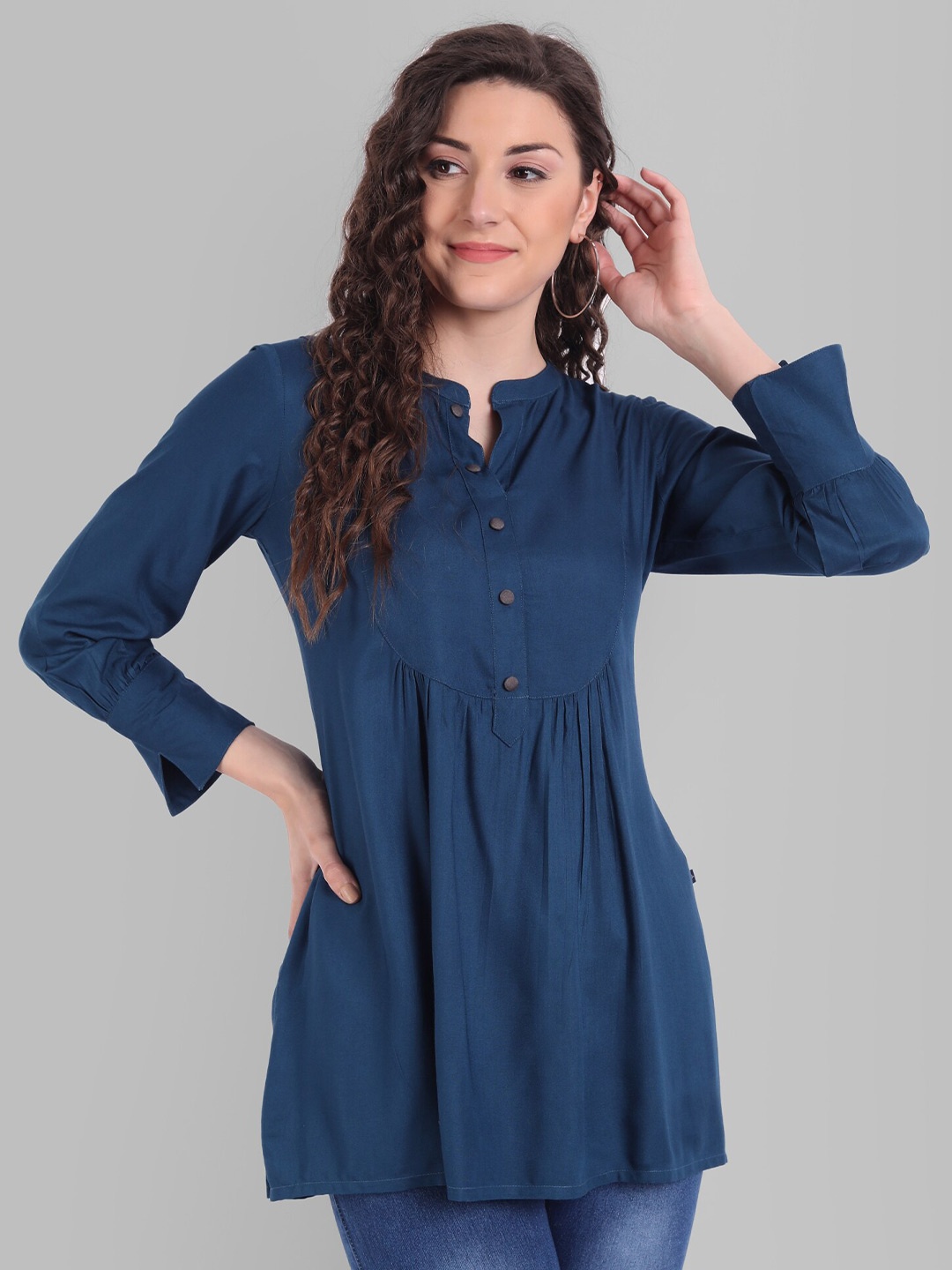 

githaan Women Teal Blue Solid Mandarin Collar Longline Top