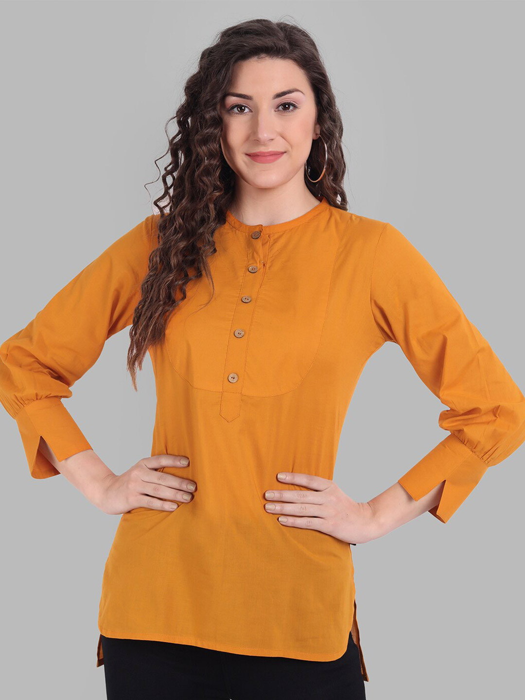 

githaan Women Mustard Yellow Mandarin Collar Shirt Style Top