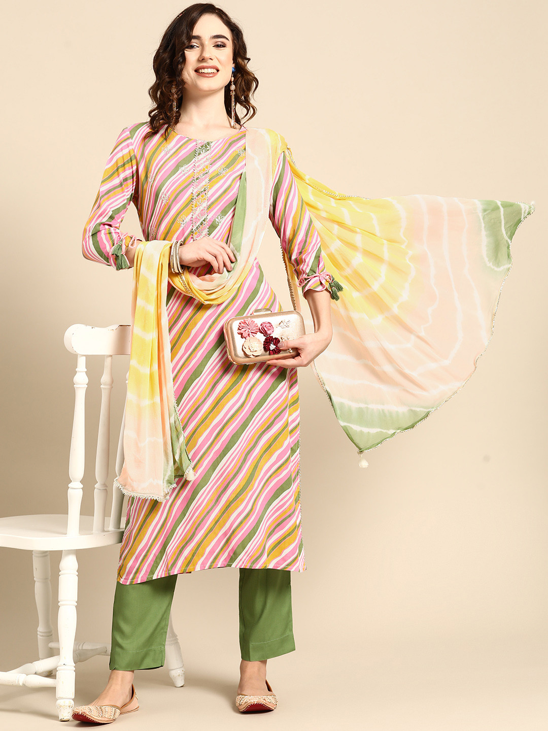 

Sangria Women Pink Leheriya Striped Kurta with Trousers & With Dupatta