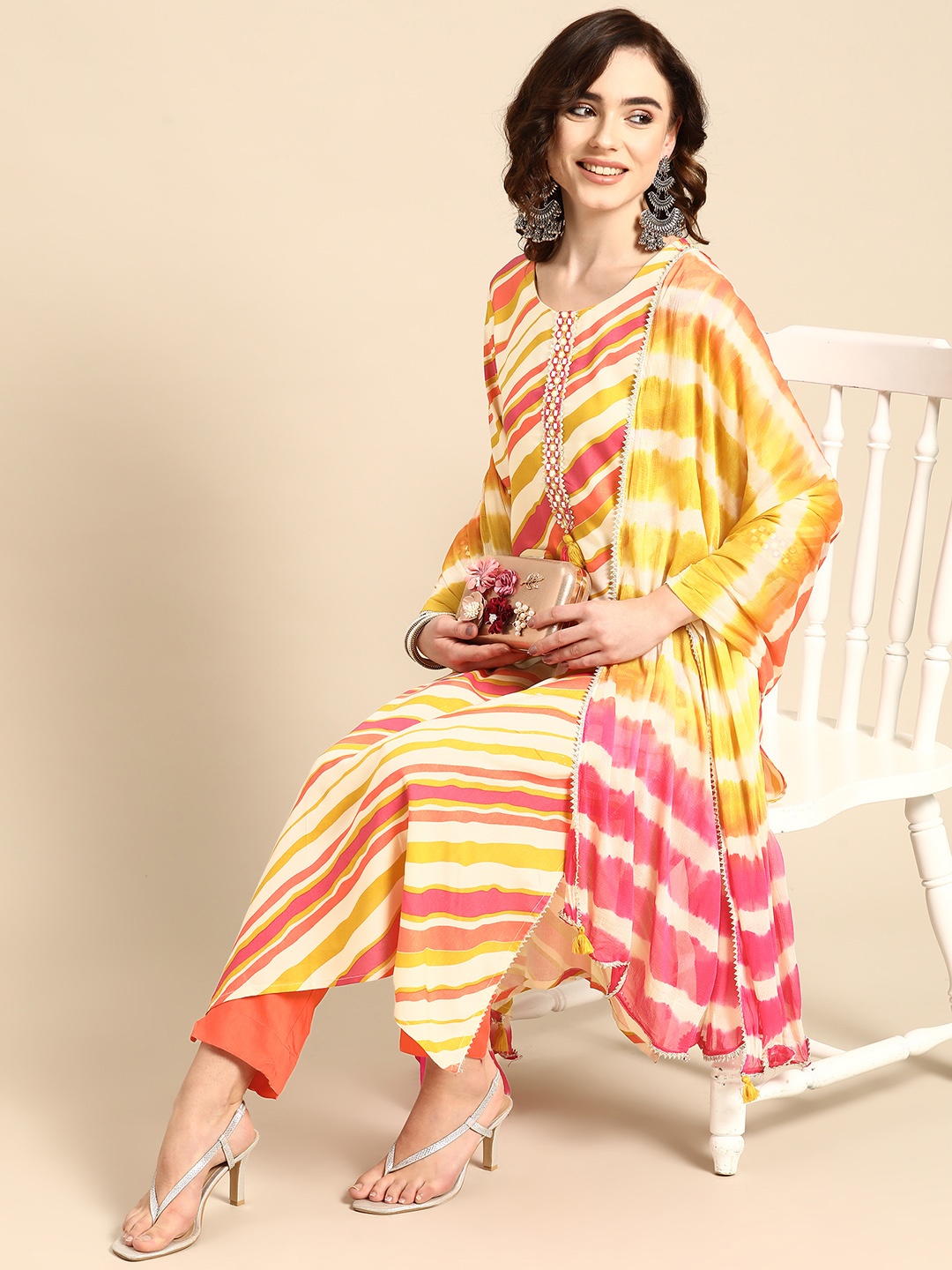 

Sangria Women Orange Leheriya Striped Kurta with Trousers & With Dupatta