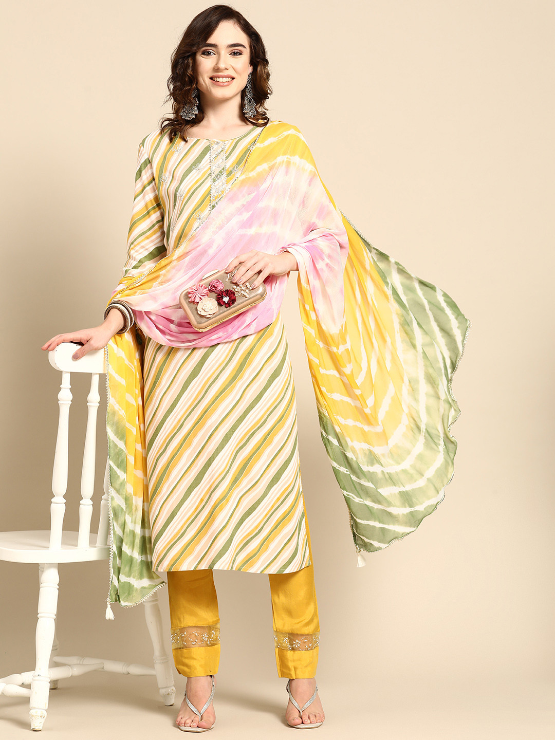 

Sangria Women Leheriya Striped Kurta with Trousers & With Dupatta, Yellow