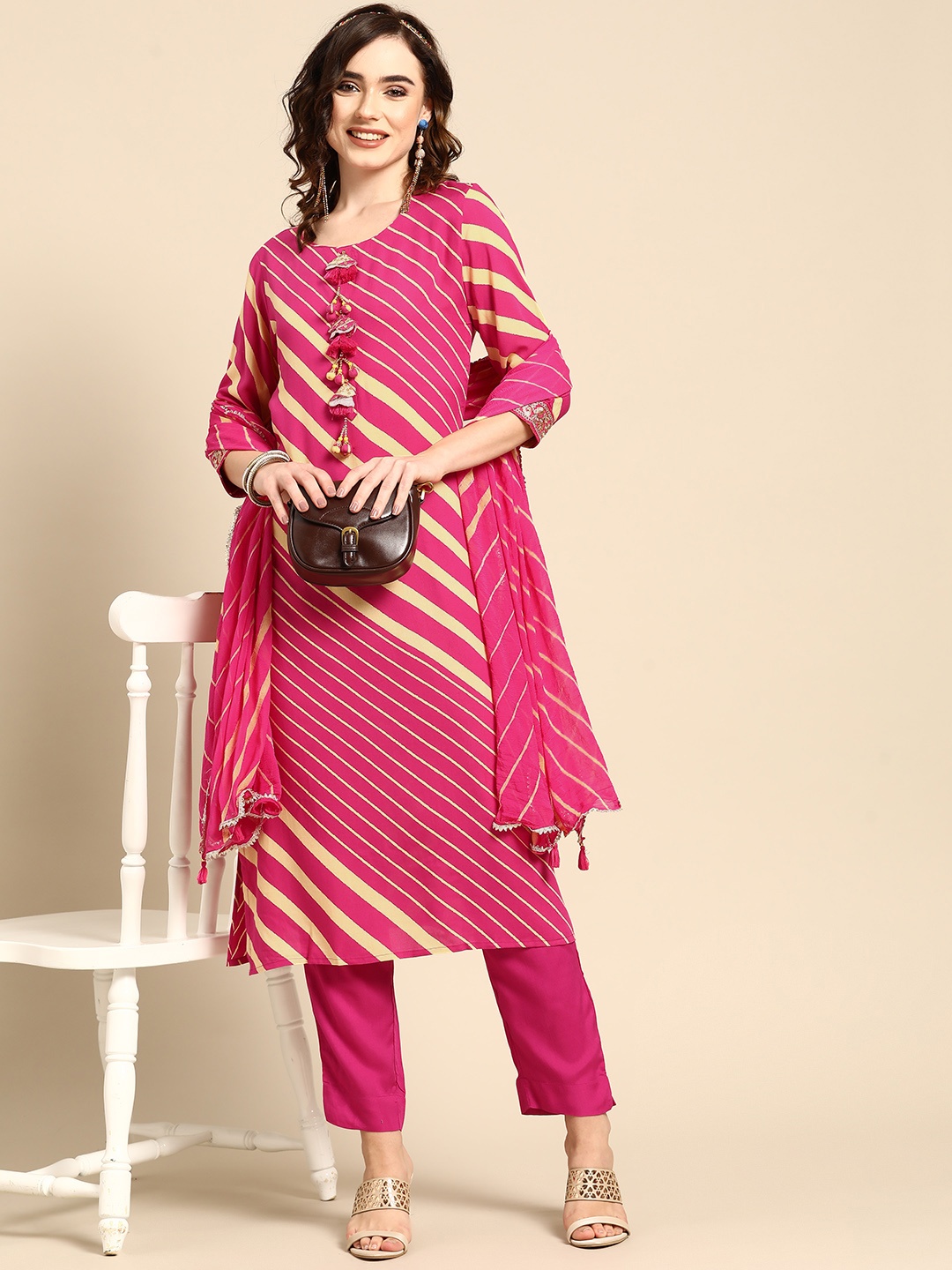 

Sangria Women Pink Leheriya Striped Kurta with Trousers & With Dupatta