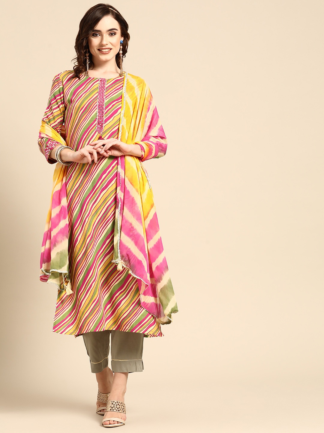 

Sangria Women Mustard Yellow Leheriya Striped Kurta with Trousers & With Dupatta