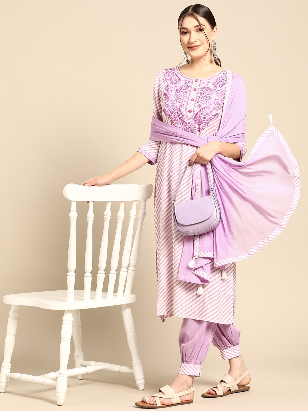 

Sangria Women Purple Leheriya Embroidered Kurta with Patiala & With Dupatta