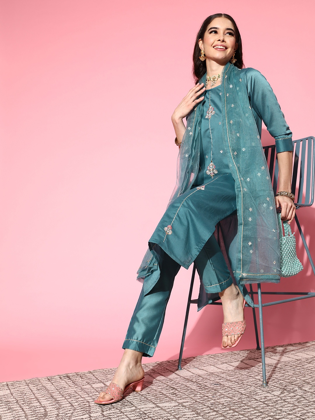 

SheWill Women Blue Ethnic Motifs Embroidered Kurta with Trousers & With Dupatta