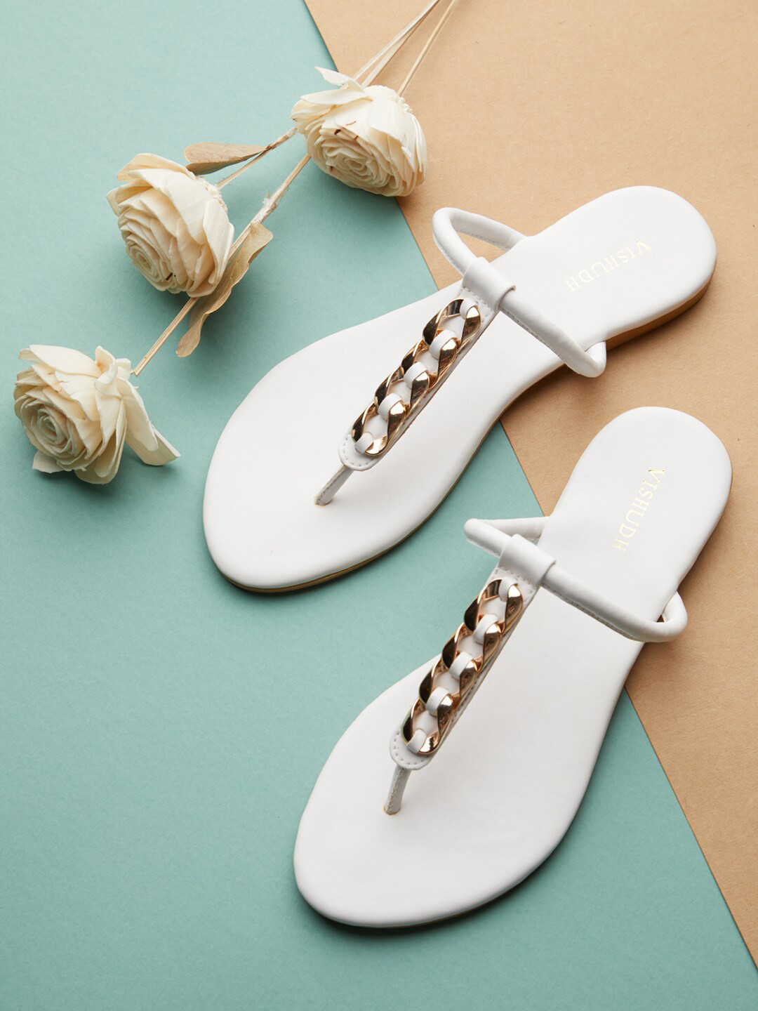 

Vishudh Women White Ethnic T-Strap Flats