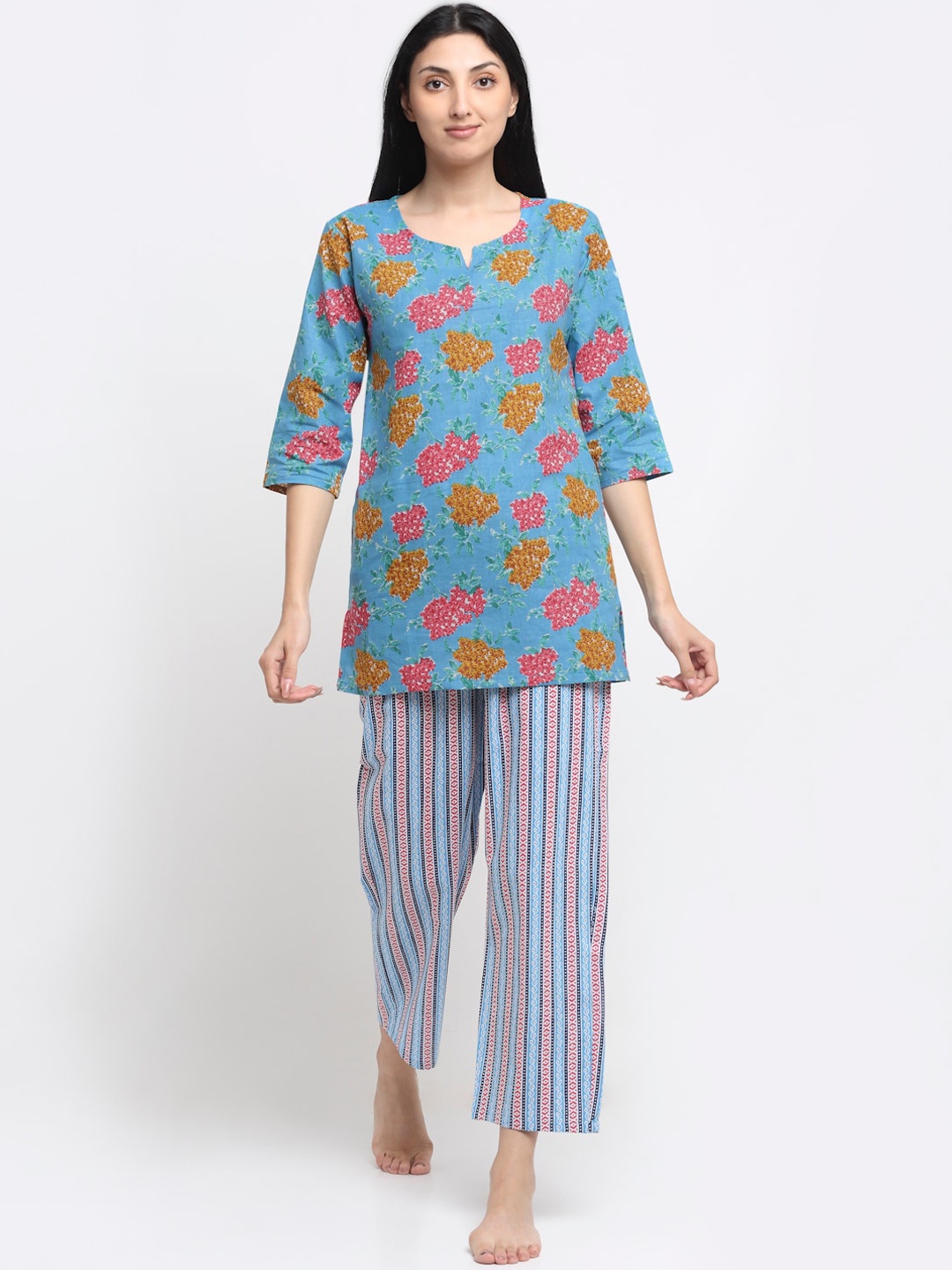 

NEUDIS Women Blue & Pink Printed Pure Cotton Night suit