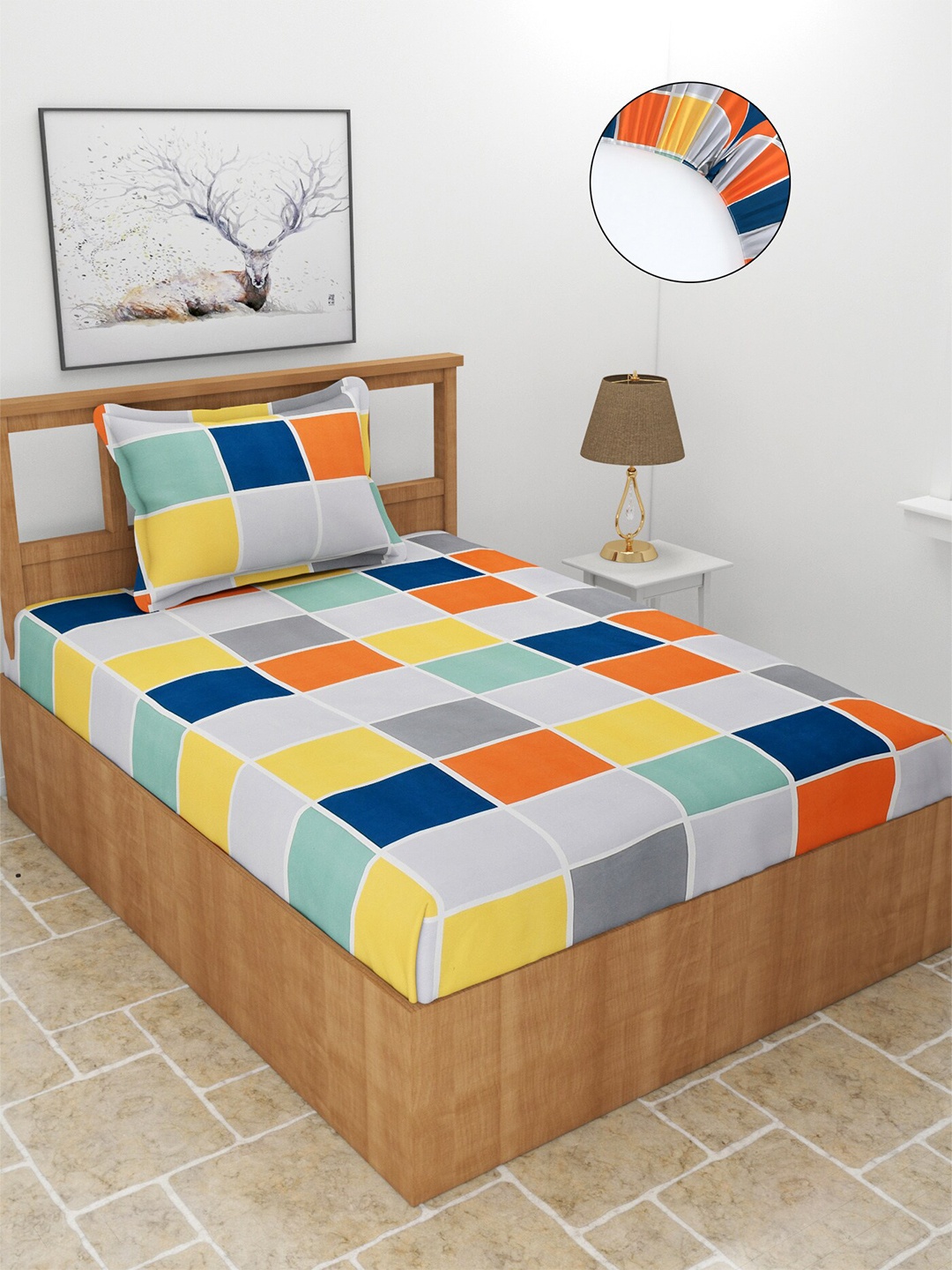 

MORADO Grey & Orange Geometric 210 TC Fitted Single Bedsheet with 1 Pillow Cover
