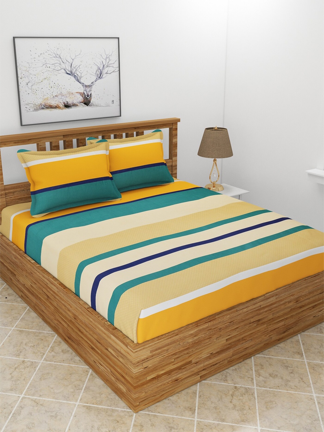 

MORADO Beige & Blue Striped 210 TC Queen Bedsheet with 2 Pillow Covers