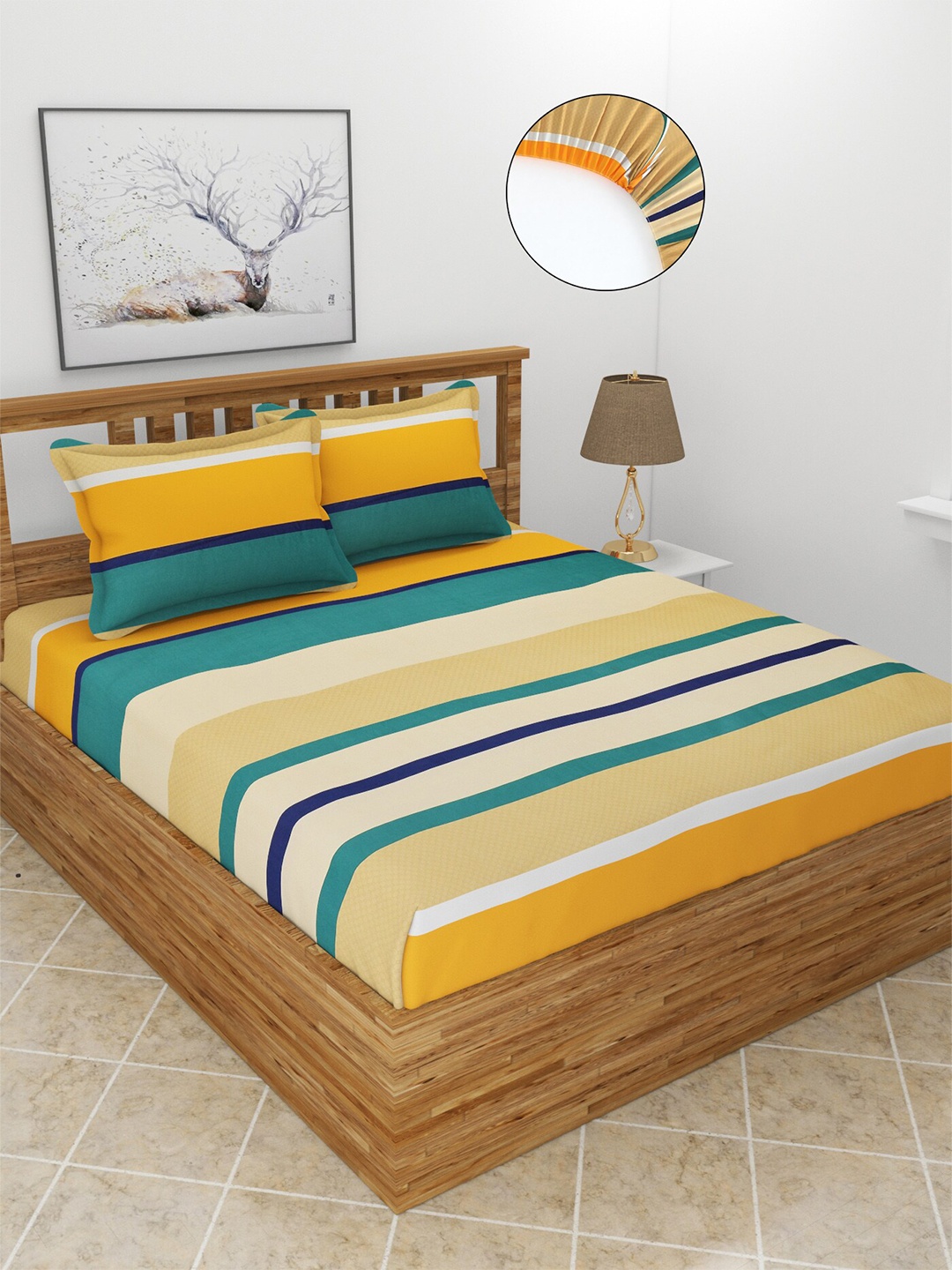 

MORADO Yellow & Teal Striped 210 TC Queen Fitted Bedsheet with 2 Pillow Covers