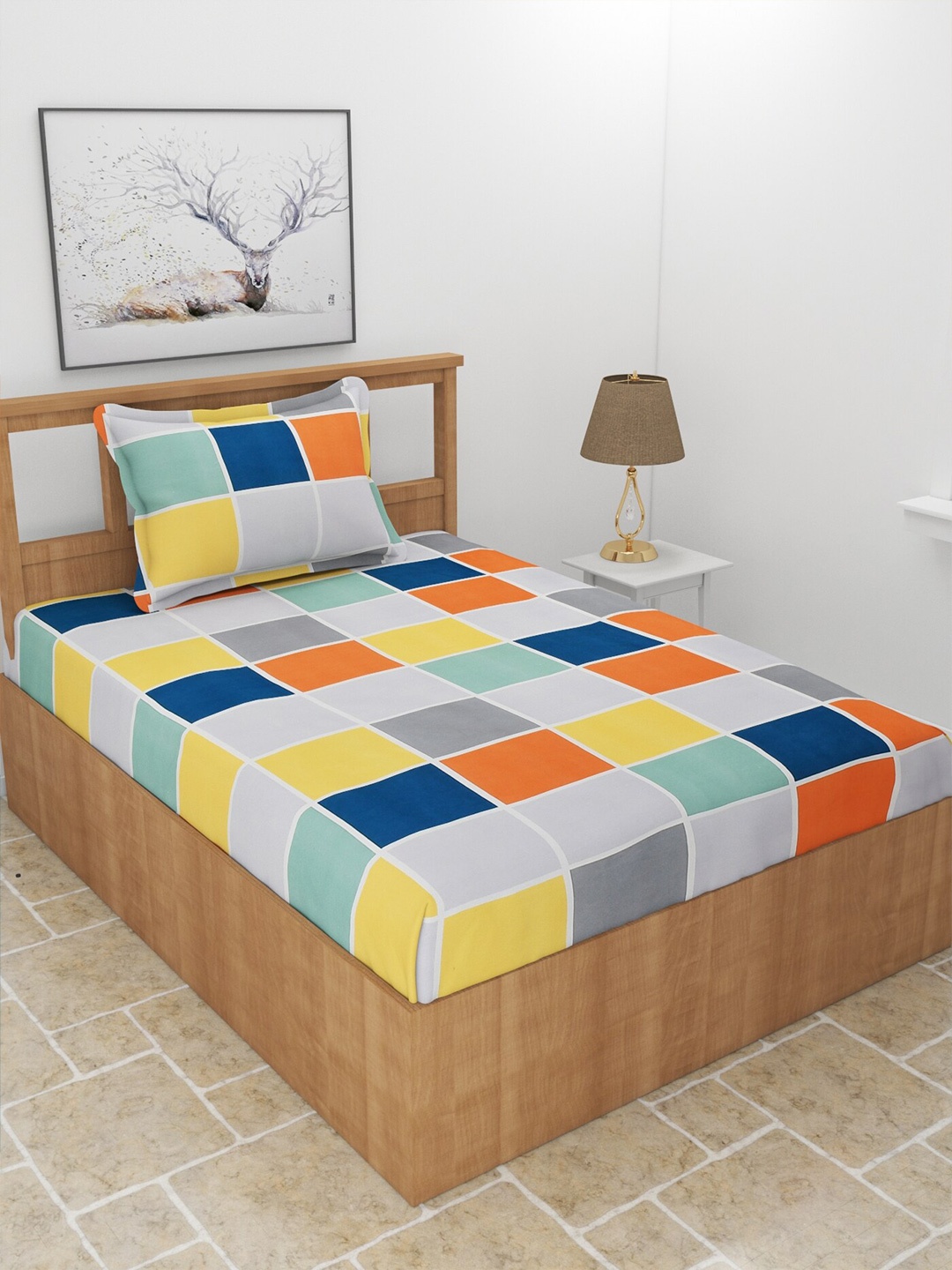 

MORADO White & Orange Geometric 210 TC Single Bedsheet with 1 Pillow Covers