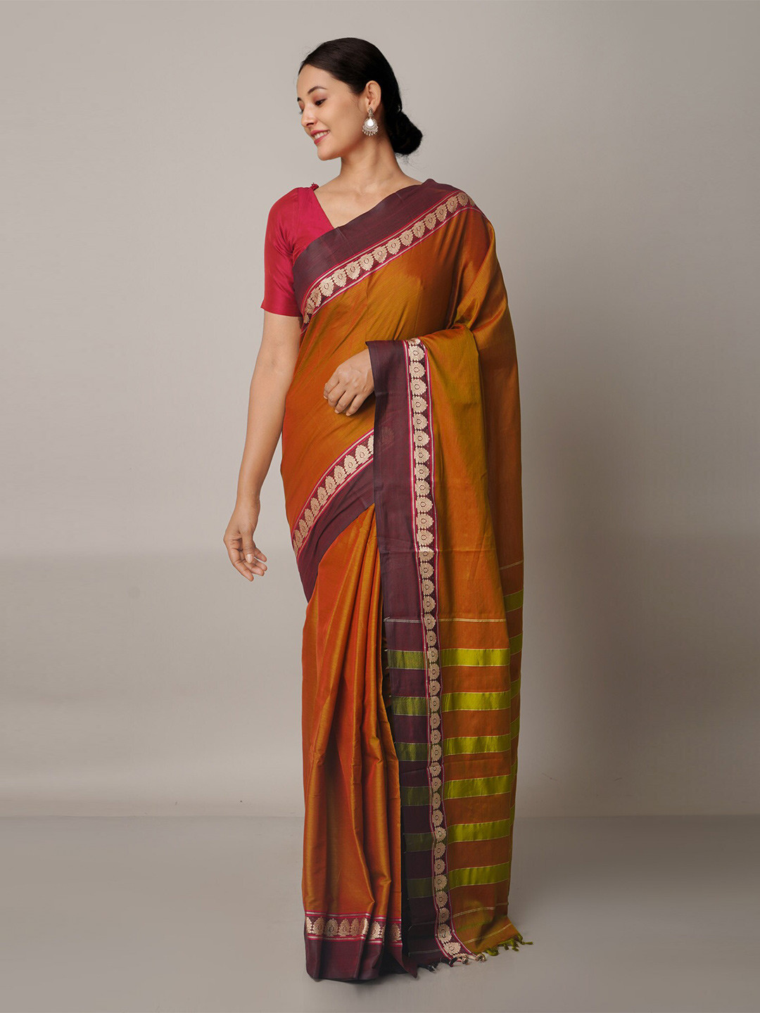 

Unnati Silks Brown & Purple Zari Pure Cotton Narayan Peth Saree