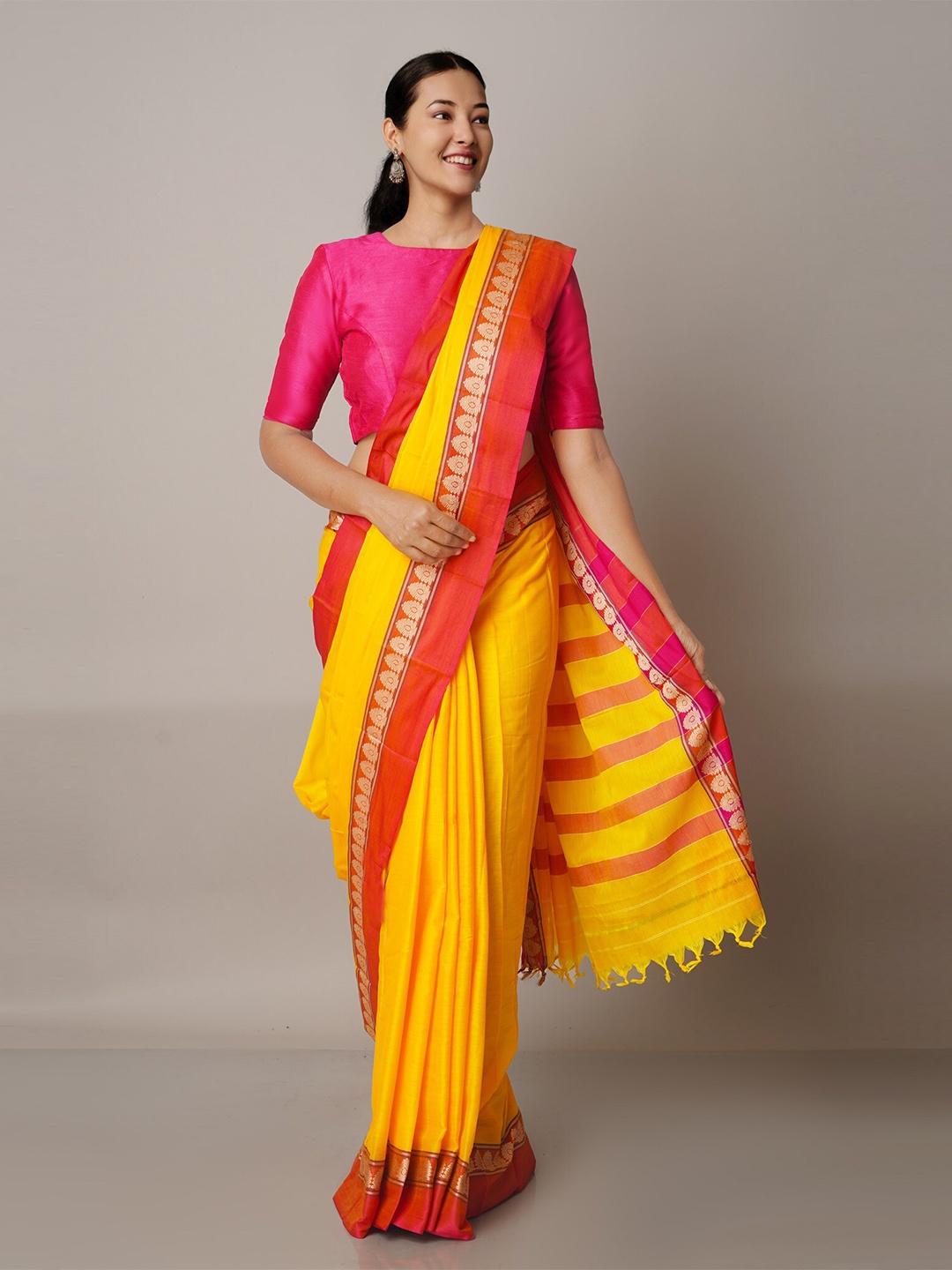 

Unnati Silks Yellow & Pink Pure Cotton Narayan Peth Saree