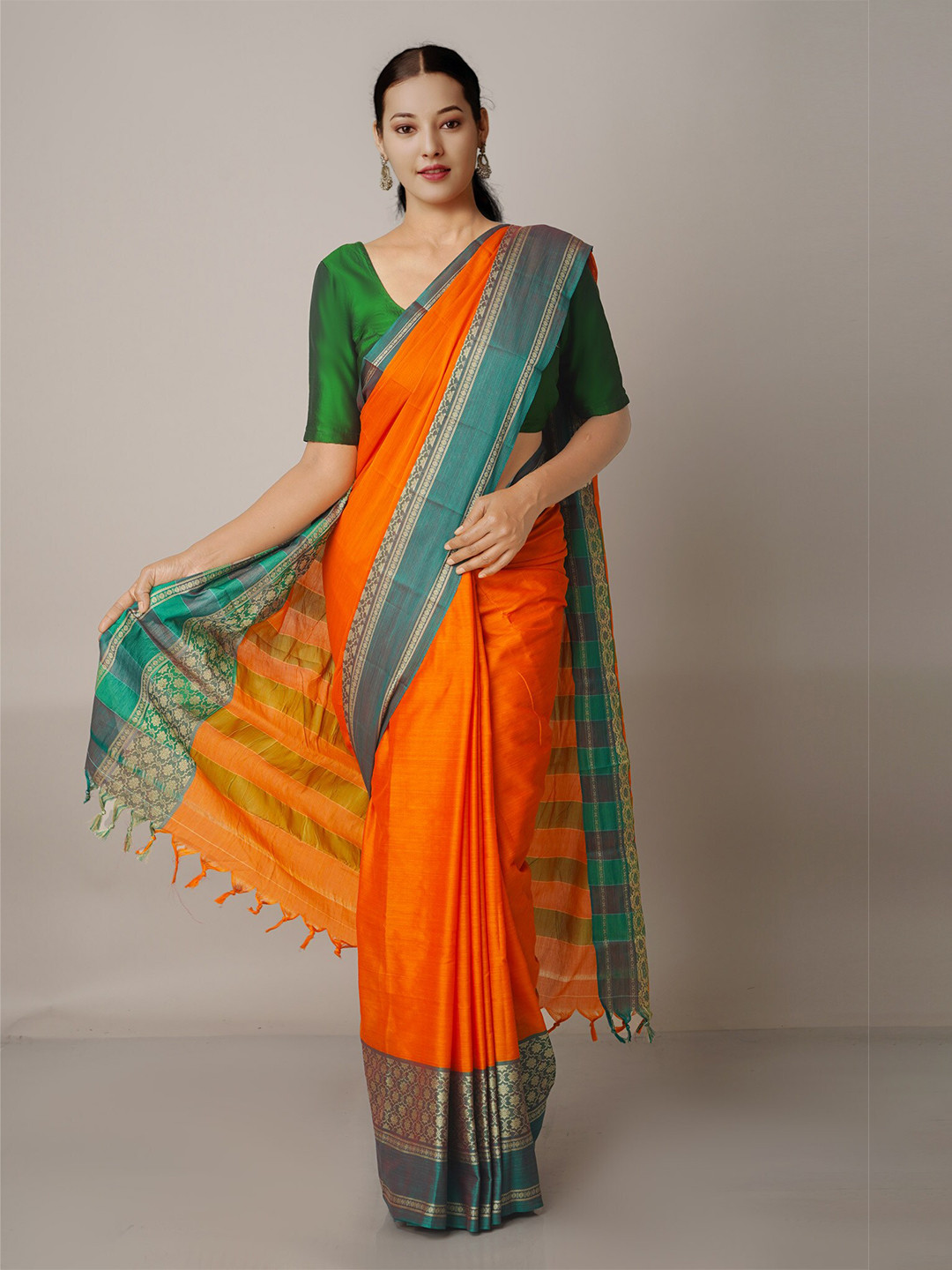 

Unnati Silks Orange & Green Pure Cotton Narayan Peth Saree