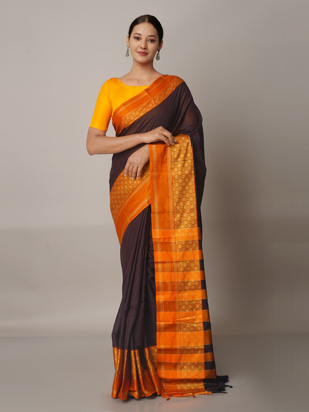 

Unnati Silks Brown & Orange Zari Pure Cotton Handloom Narayan Peth Saree
